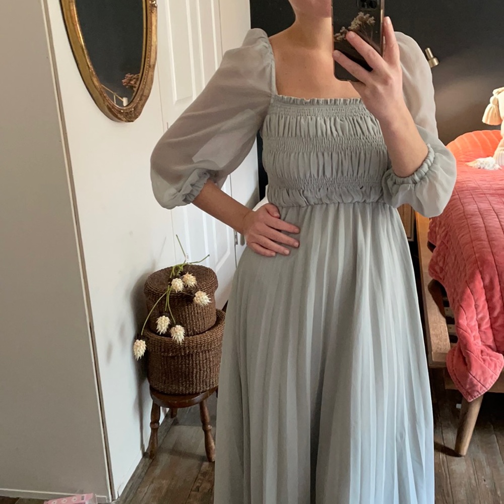 Delicate lift blue square neck midi dress ballon sleeve